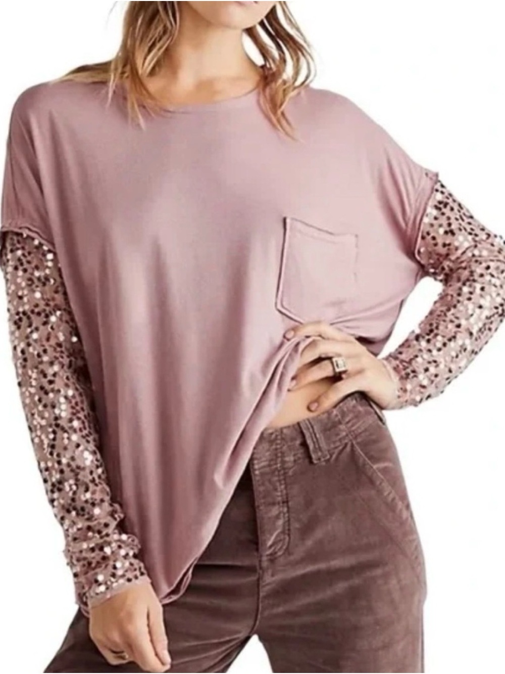 Free People Sequin-Sleeve Long Sleeve Tee in Dusty Rose